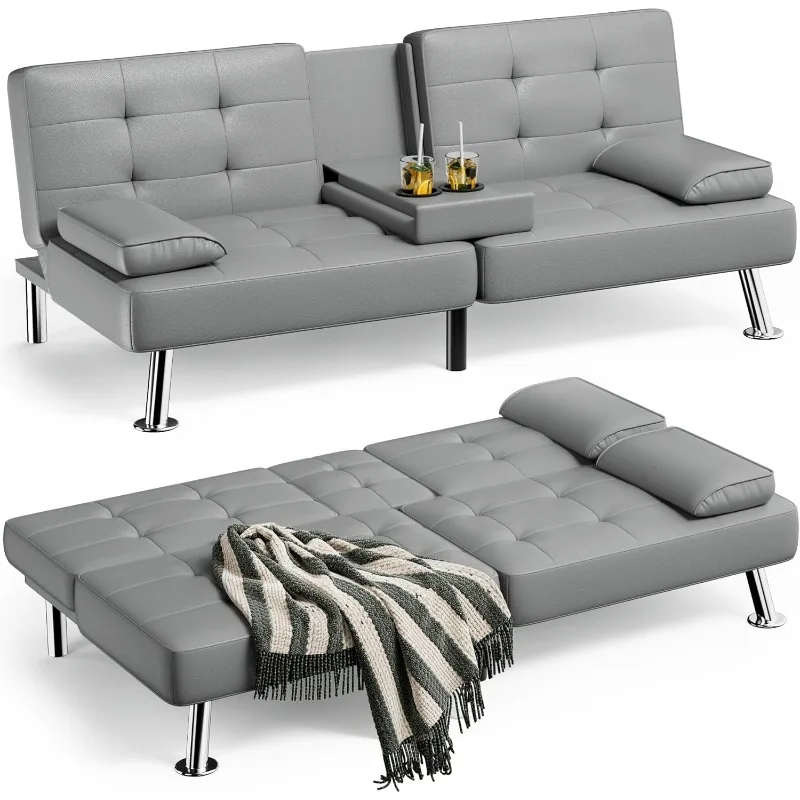 Faux Leather Futon Sofa Bed Futon Couch with Removable Armrests Adjustable Sleeper Sofa Bed with 2 Cup Holders for Livin