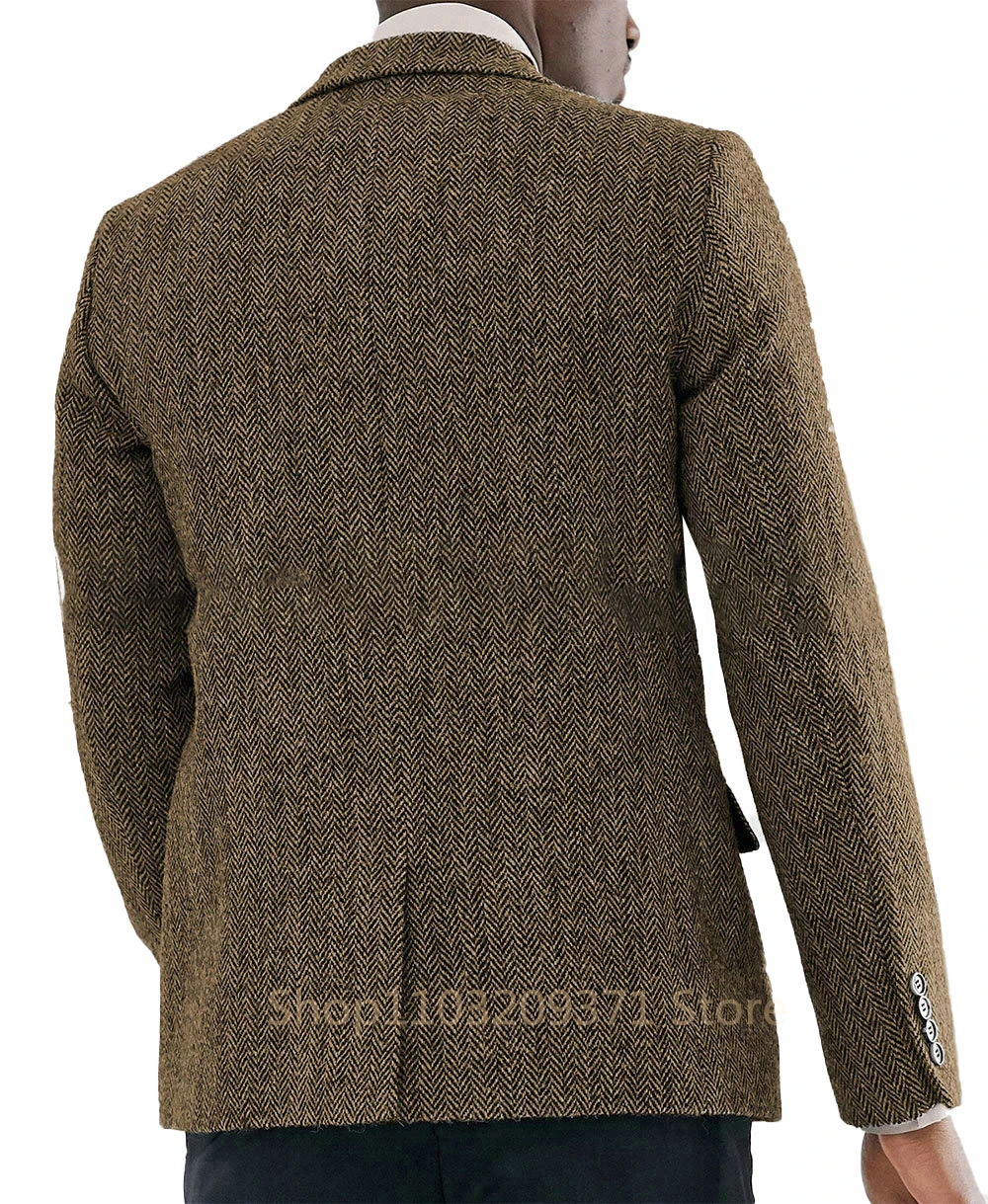 Herren anzug grau Herren jacke dunkelgrau Fischgräten wolle Tweed Revers Kragen einreihige formelle Business-Jacke für die Hochzeit – Detail 11