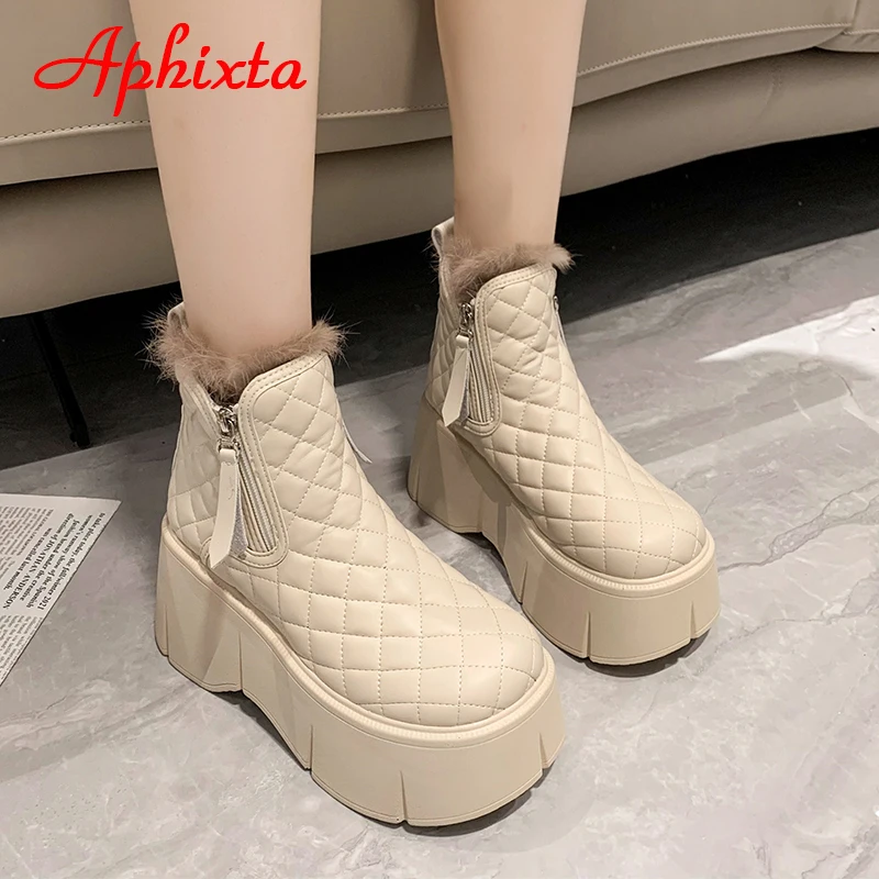 Aphixta Winter Platform Plaid Warm Plush Snow Boots Women Waterproof Fringe Zipper Shoes Thick Botton Sole Boots