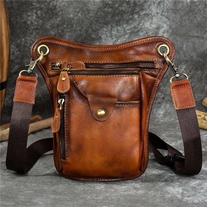 High quality men's genuine leather waist big leg bag, motorcycle shoulder bag, cross body backpack, hip