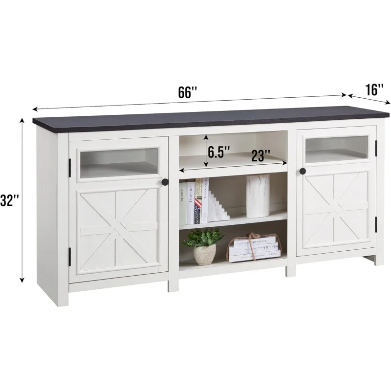 Farmhouse TV Stand para 75 Polegada TV, Centro de entretenimento com armazenamento, Modern TV Cabinet com portas de celeiro, 66 "Rustic TV Console