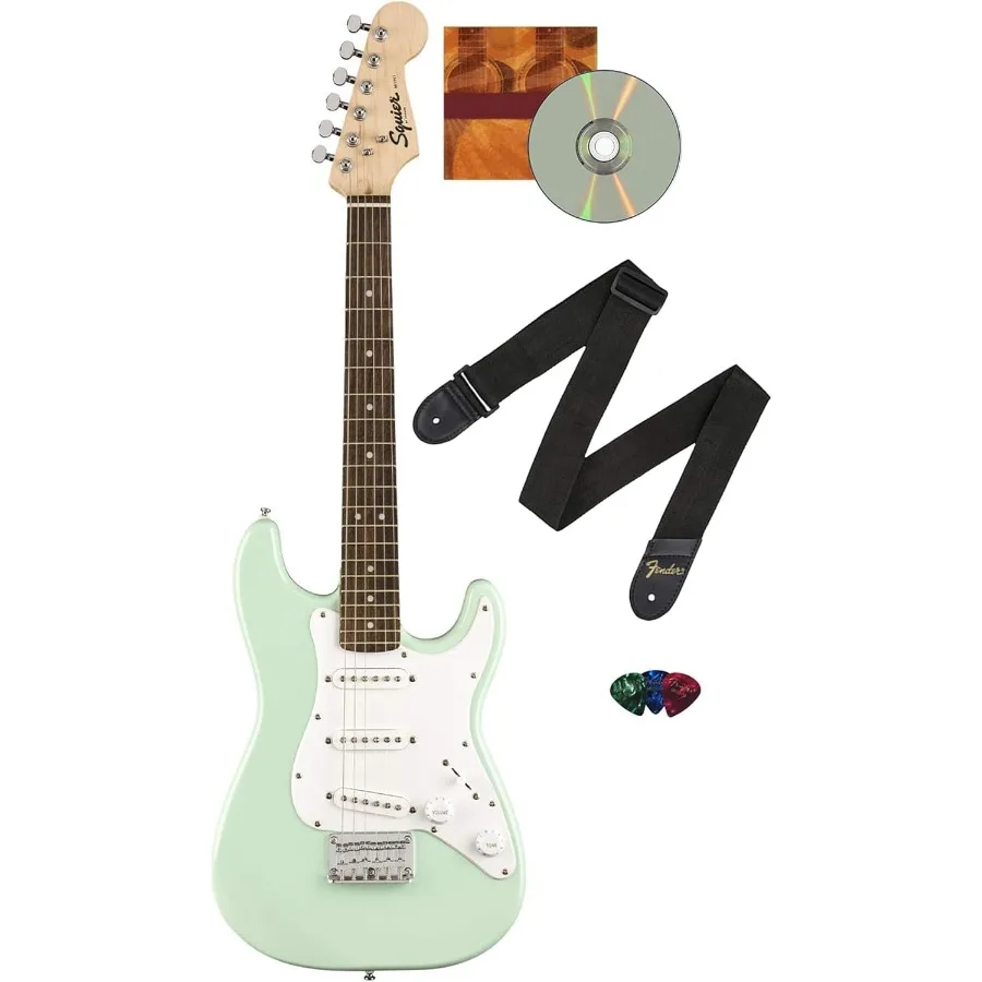 

Электрогитара Squier 3/4 размера Mini Strat в серфин-зеленом цвете с ремешком в комплекте, медиаторы Austin Bazaar, инструкционный DVD и полишин