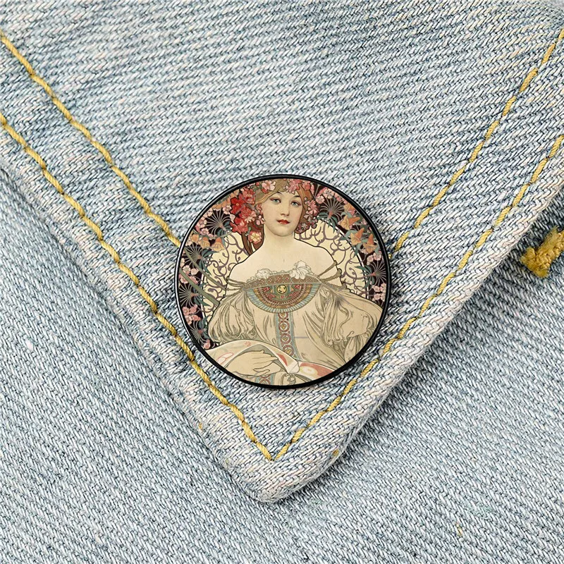 Alphonse Mucha Printed Pin Custom Funny Brooches Shirt Lapel Bag Cute Badge Cartoon Cute Jewelry Gift for Lover Girl Friends