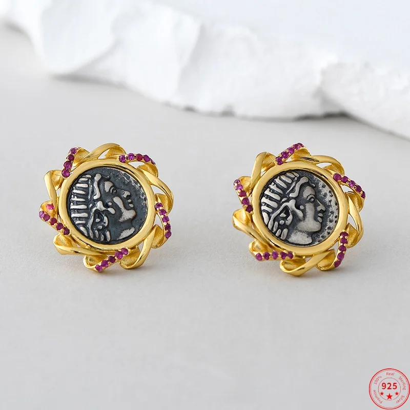 S925 Sterling Silver Charms Studs Earrings for Women Ancient Roman Coins Sun God Emboss Totem Ear Studs Jewelry Free Shipping