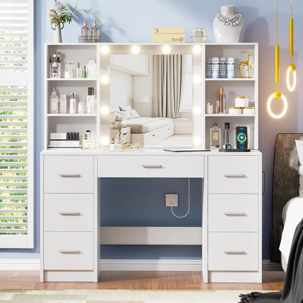 مكتب زينة كبير مع مرآة و10 مصابيح، طاولة زينة للمكياج مع مخرج طاقة، 7 أدراج و6 أرفف تخزين، فاني مكياج #1