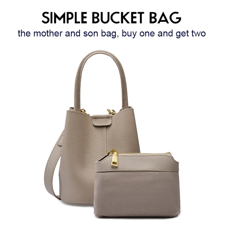 New Commuter Women\'s Bucket Bag Lady Messenger Genuine Leather Vegetable Basket Handheld Crossbody Mother And Child Handbag