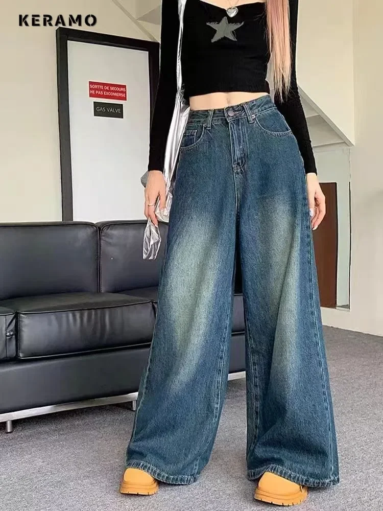 American Vintage High Waist Washed Emo Jeans Women's Wide Leg Casual 2000s Pants Baggy Y2K Grunge High Street Denim Trouser