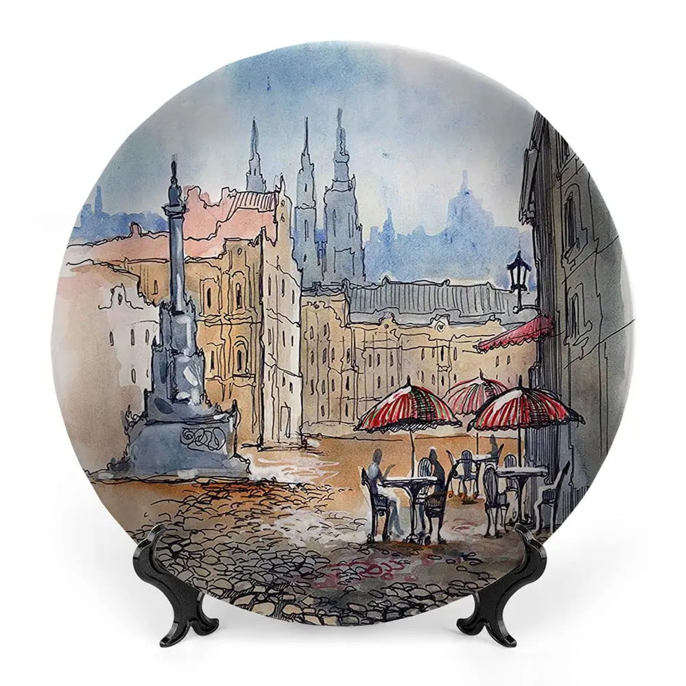 City Decorative Ceramic Plates, Ceramic Plates, Decorative Dish with Stand, for Display Handmade Ceramic Wall Hanging Decors