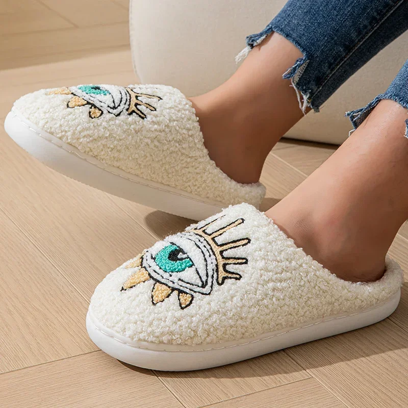 Fashion Home Women Fluffy Slippers Winter Soft Sole Houseshoes Eye Fuzzy Cotton Heart Flat Sole Funny Flip Flops Indoor Shoes