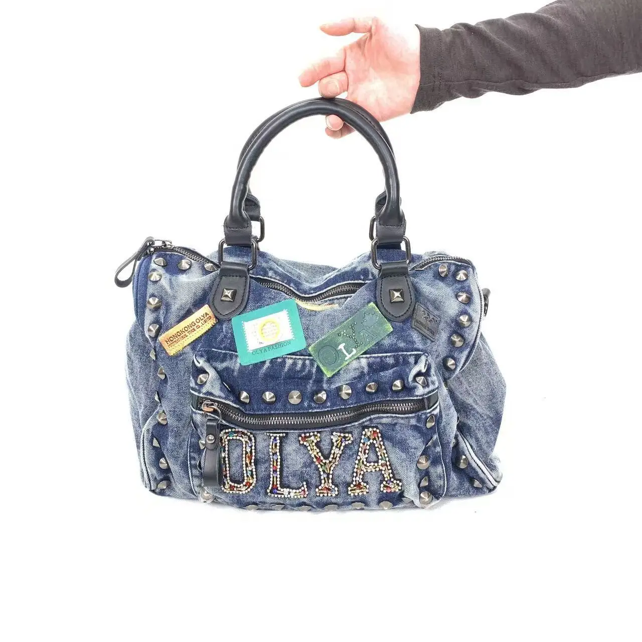 

Women's new denim shoulder bag fashionable front pocket shoulder bag retro rivet shoulder crossbody bag spliced tote bag