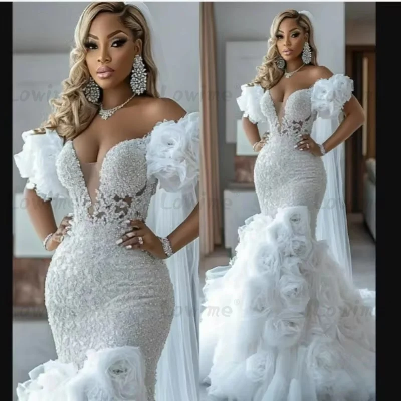 Robe de mariée sirène blanche personnalisée, fleurs faites à la main, épaules dénudées, longue robe de mariée africaine et arabe, 2026