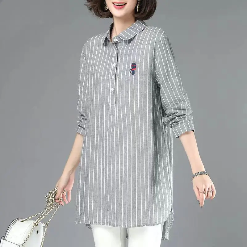 

Повседневный хлопковый полосатый длинный све женский весенний топ средней длины Ne свободного покроя, удобный повседневный топ