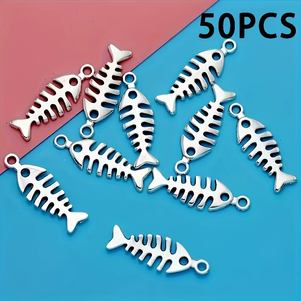 50 قطعة قلادة على شكل هيكل السمكة من سبائك الفضة العتيقة، مجوهرات عصرية مناسبة لصنع المجوهرات بنفسك، أقراط على شكل سوار وقلادة