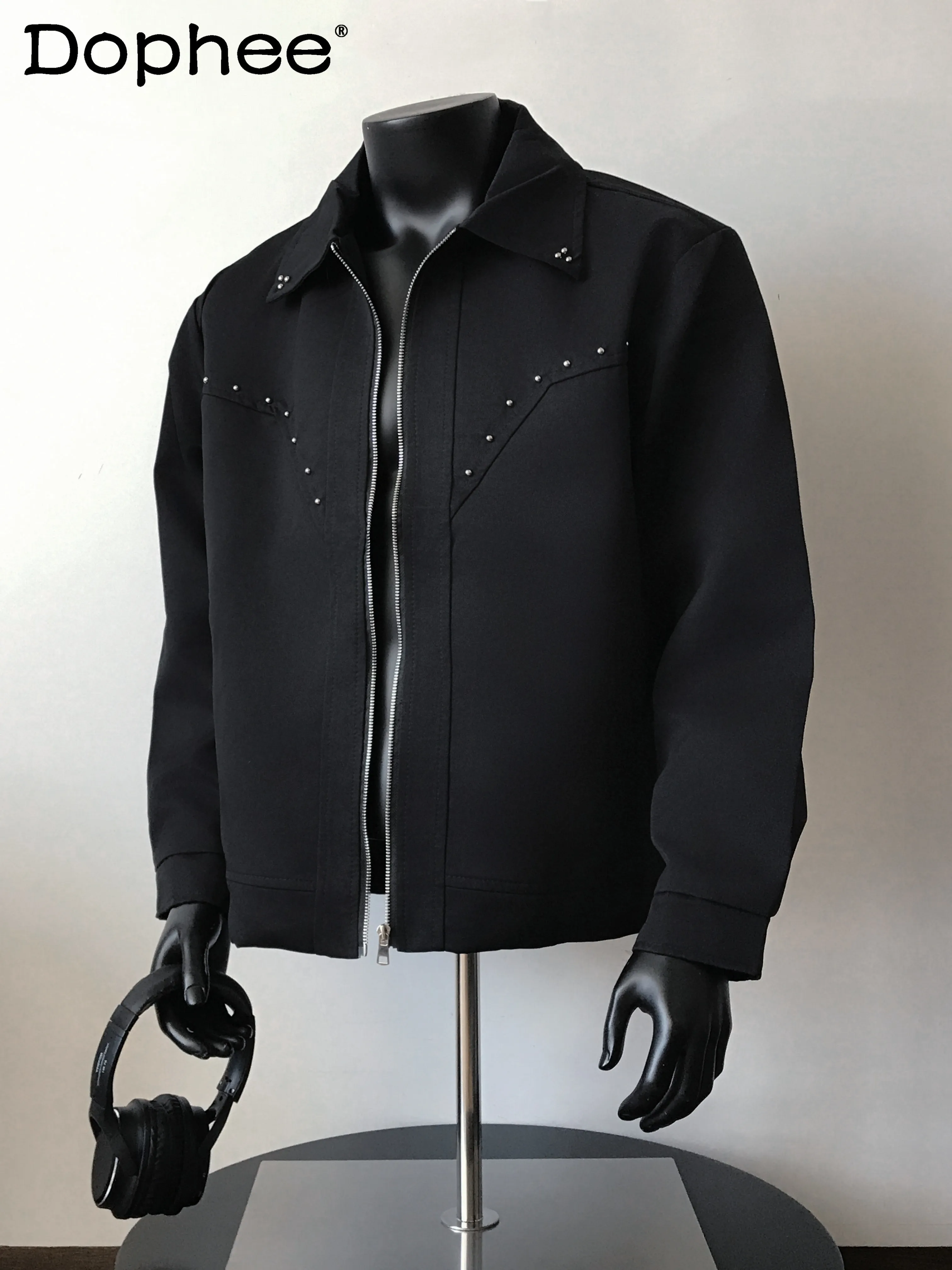 

2025 Autumn New Fashion Men's Rivet Jacket Trendy Casual Youthful Stylish Turn-Down Collar Zipper Coat