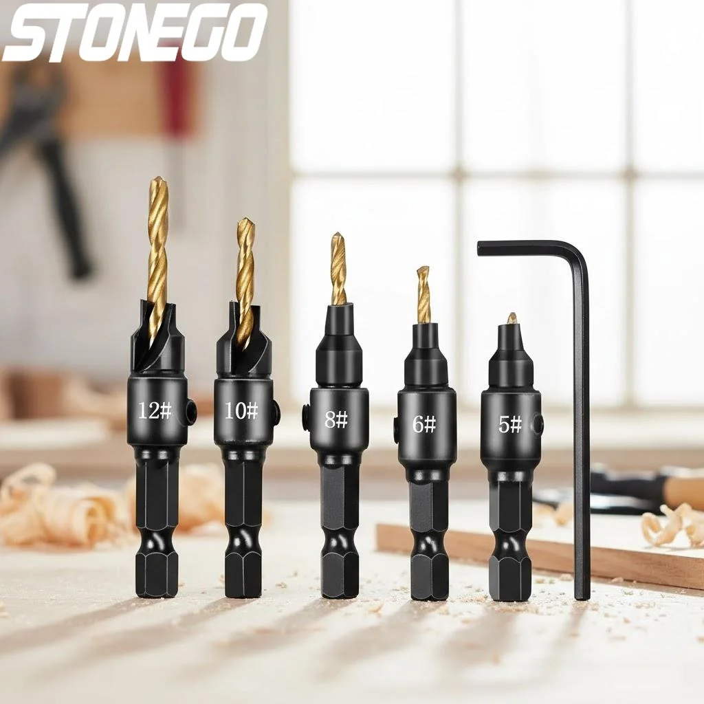 

STONEGO 5pcs Set Countersunk Bit Chamfered Adjustable Drilling Tool Kit for Guiding Countersunk Holes in Wood Processing
