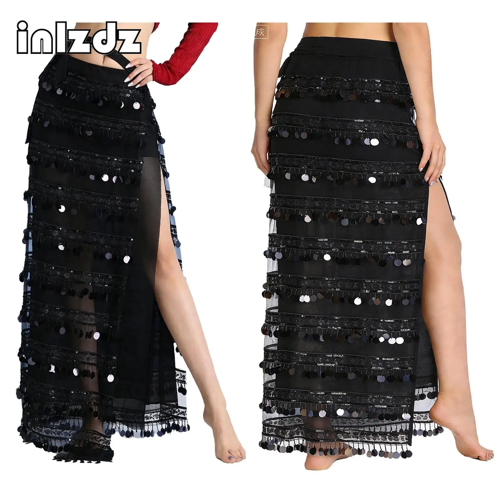 

Женская макси-юбка для танца живота с защитными шортами, пайетками, бахромой и разрезом по низу, на подкладке, для самбы и испанских танцев