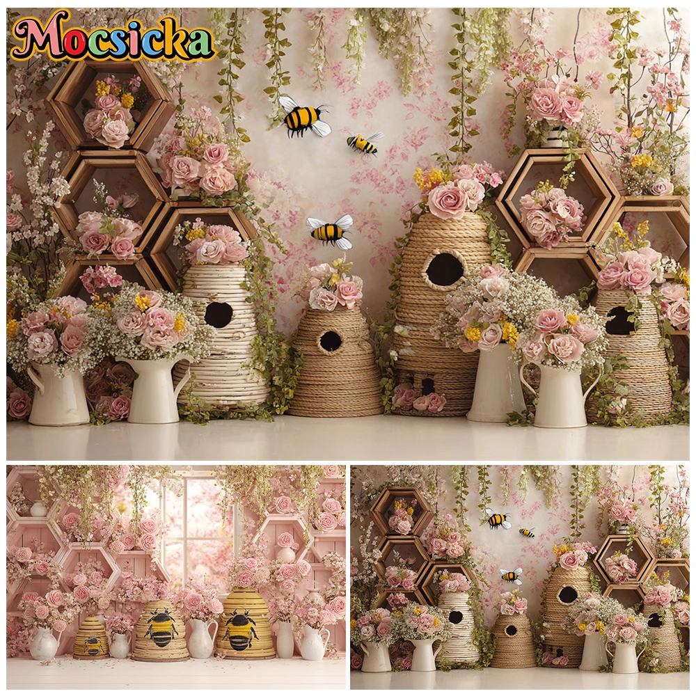 

Mocsicka Photography Background Birthday Wedding Party Pink Flower Rose Bee Pattern Decors Children Photo Backdrop Studio Banner