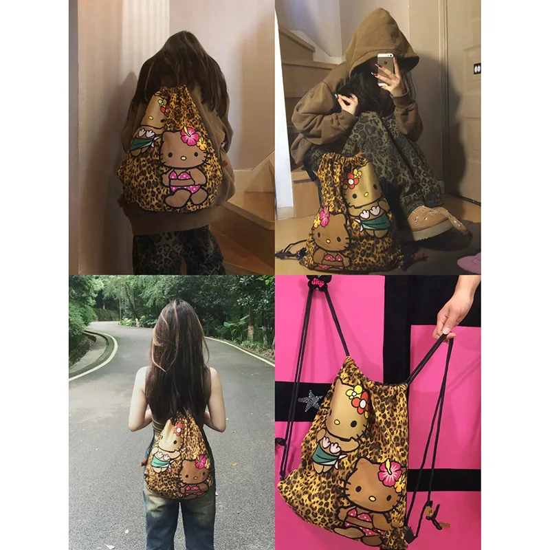 Zaino hellokid 2024 nuovo zaino leopardato con coulisse retrò americano di grande capacità da viaggio Versatile regalo Casual per ragazza