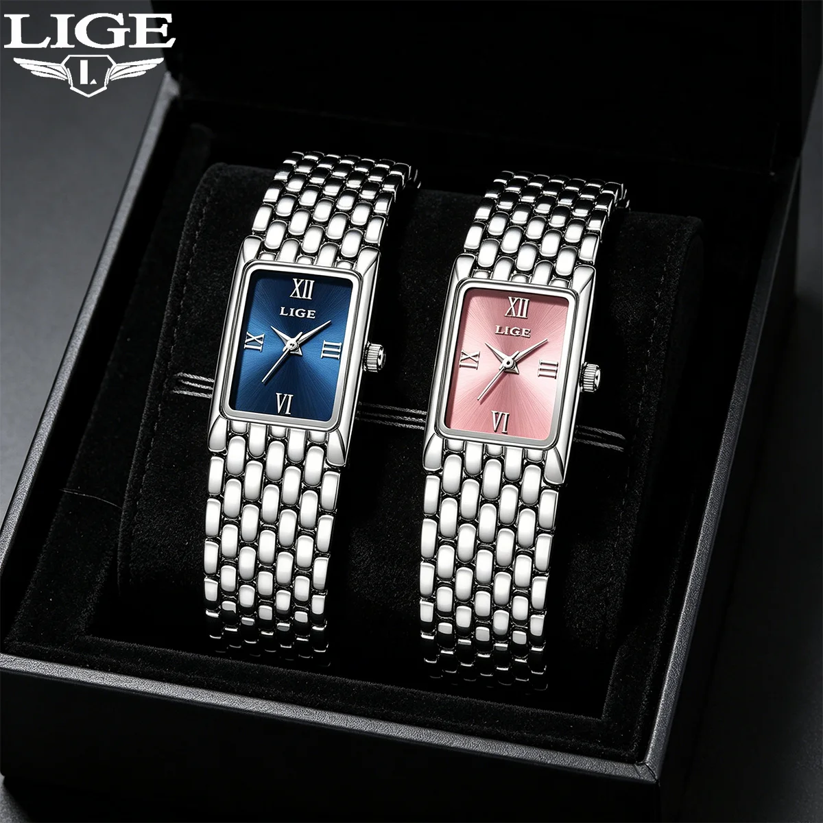 LIGE Blue Watch for Women Square Ladies Quartz Wristwatches Stainless Steel Women Small Gold Watch Luxury Casual Fashion Watch