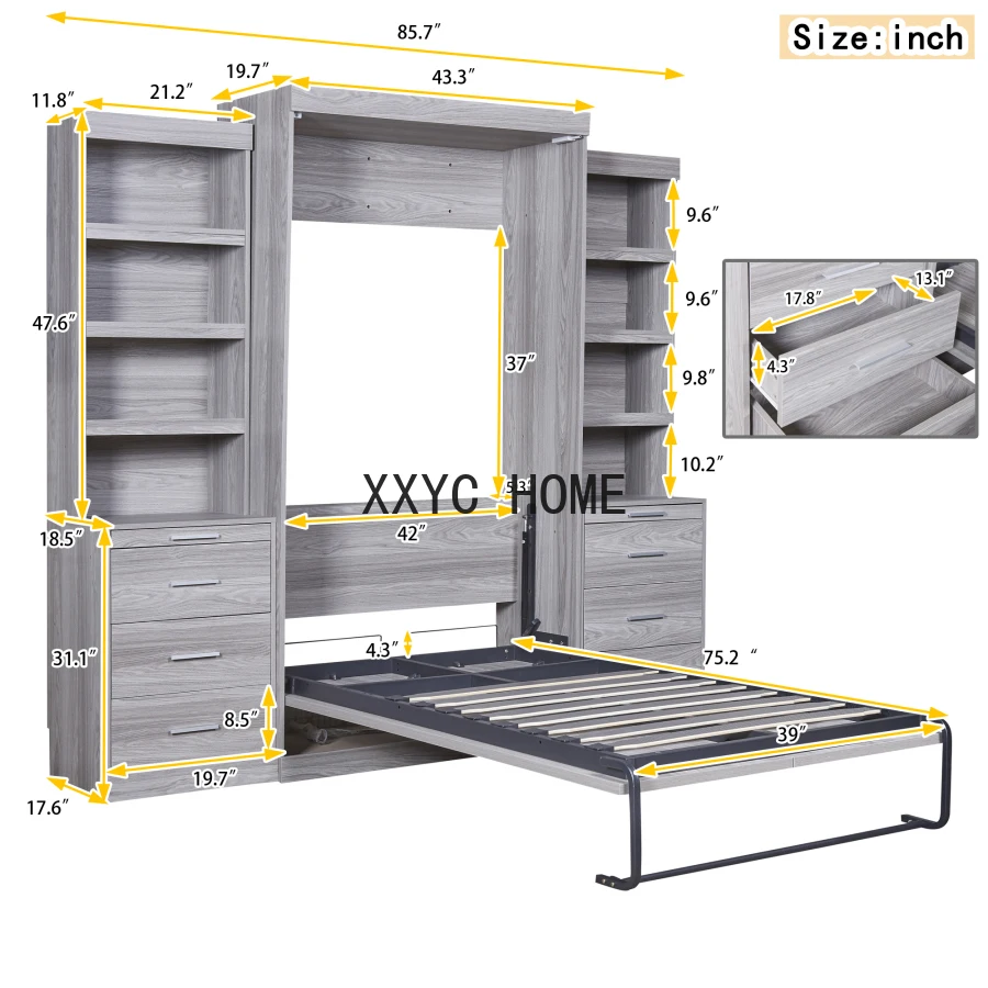 Murphy Bed,Twin Size Murphy Bed,Folding Bed with Multiple Storage Shelves & Drawers,Folded into a cabinet,Space-saving,Gray