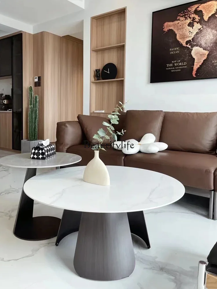 

88.Light luxury size round imported rock slab combination living room creative high and low small coffee table