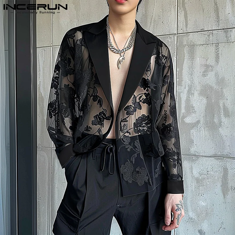 INCERUN 2024 Sexy Men's Casual Long Sleeve Tops See-Through Elegant V-neck Blazer Lacing Splicing Solid Well Fitting Suit Coats