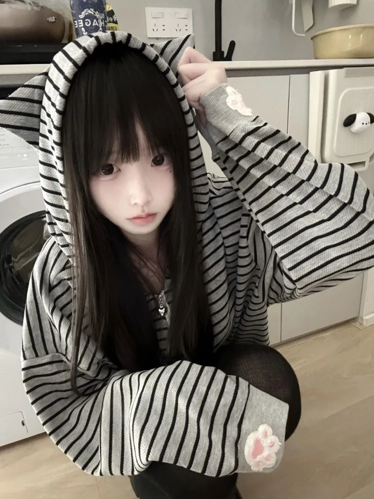 Japanese Kawaii Cat Ears Long Sleeve Hoodie Women Sweet Casual Striped Sweatshirt Zipper Cartoon Embroidery 2025 Autumn view 2