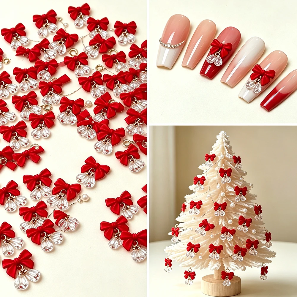 10Pcs Christmas Red Dangle Nail Charms Bowknot Bell Alloy Pendant Jewelry Making Earring Bracelet Necklace Xmas Tree Decor