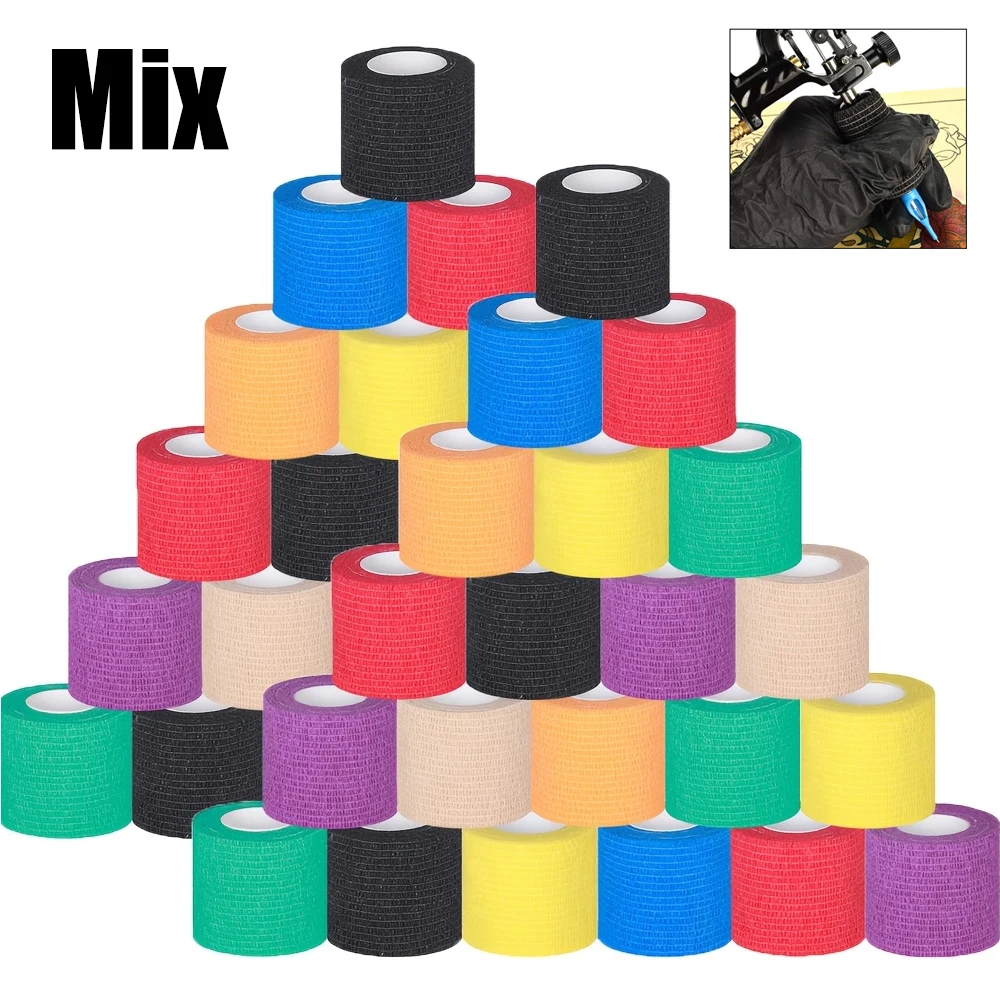 

8-48Pcs Mix Color Tattoo Grip Bandage Cover Wraps Tapes Nonwoven Waterproof Self Adhesive Elastic Bandage Tapes Accessories