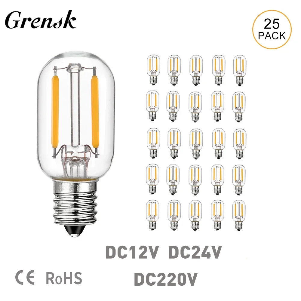 Grensk DC 12V 24V 220V Tubular Bulbs Low Voltage T22 1W Led Filament Bulb E12 Candelabra Base LED Lamp RV Locomotive Room Lights