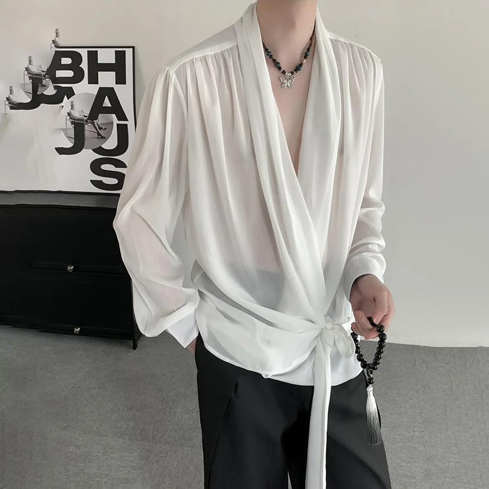 Mens Shirts Chinese Style Organza Tie Chiffon White Long Sleeve Tops Niche Cardigan Design Trendy Chic Casual Tops Unisex 2024