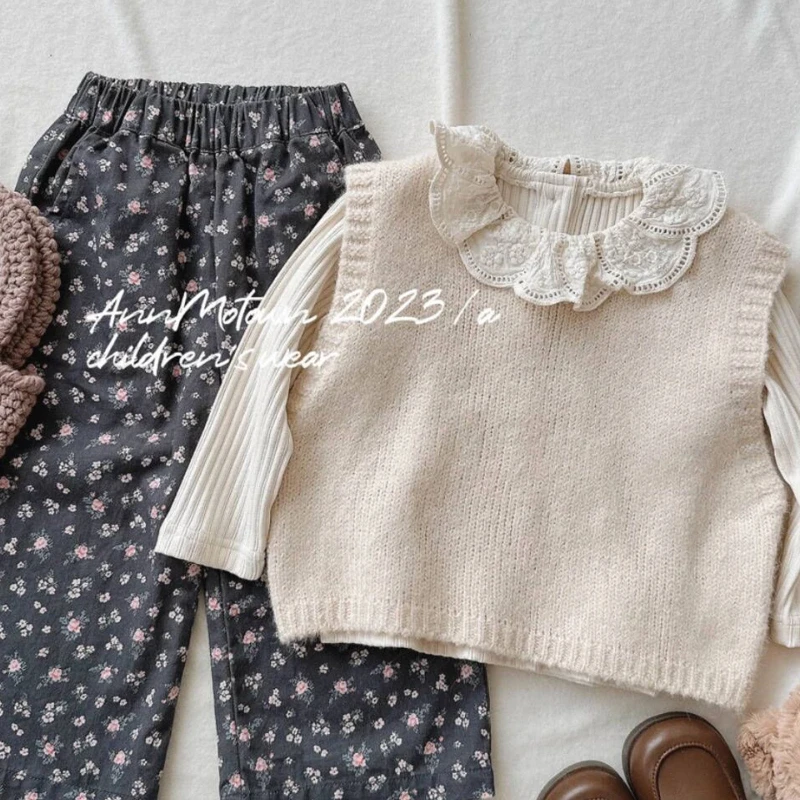 Three Piece Set Autumn Girl New Style Knitted Lace Collar Floral Wide Leg Cute Active Pants Shirt