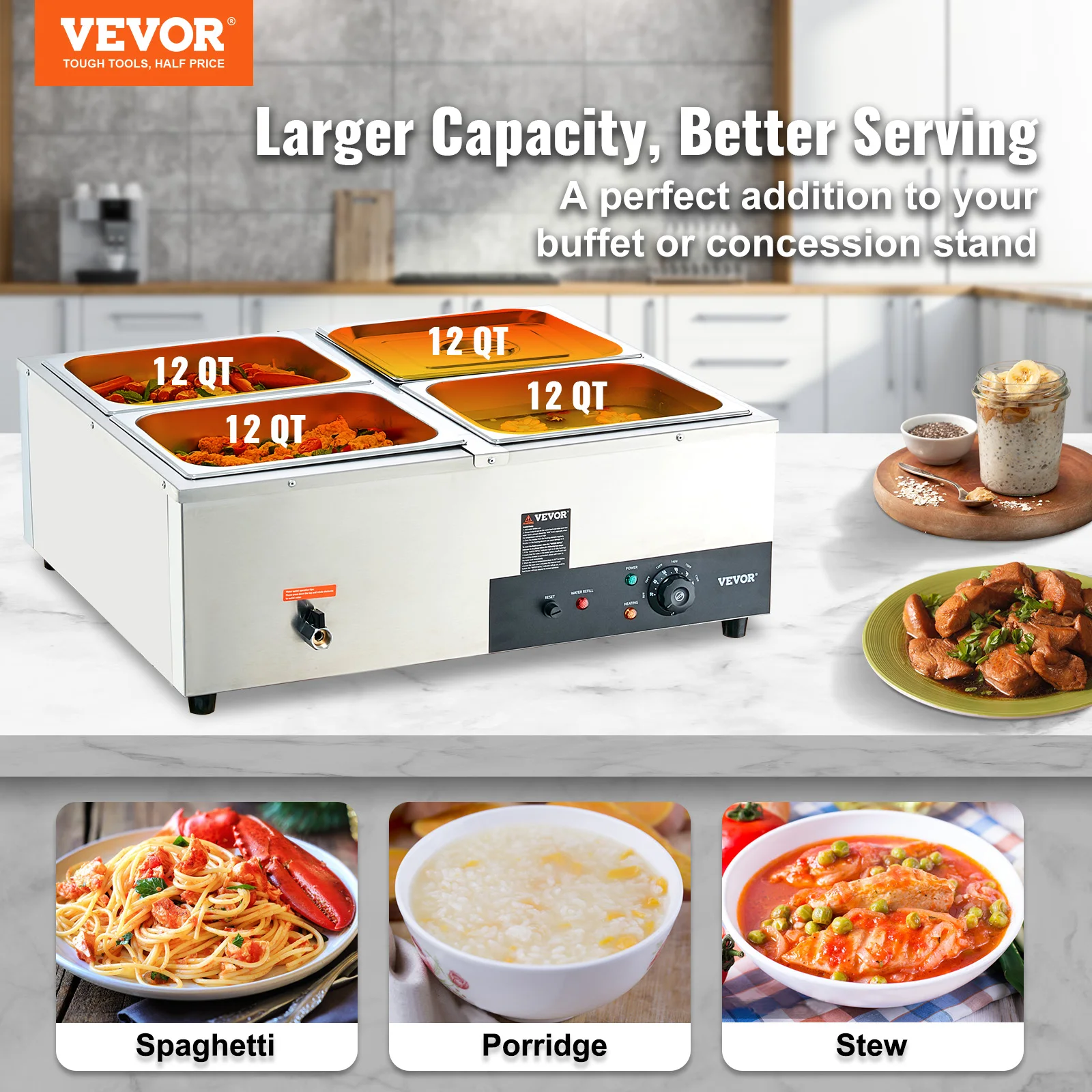 VEVOR 1/2/3/4/6Pan Electric Catering Food Warmer Commercial Stainless Steel Steam Table Counter w/Temperature Control Buffet Set