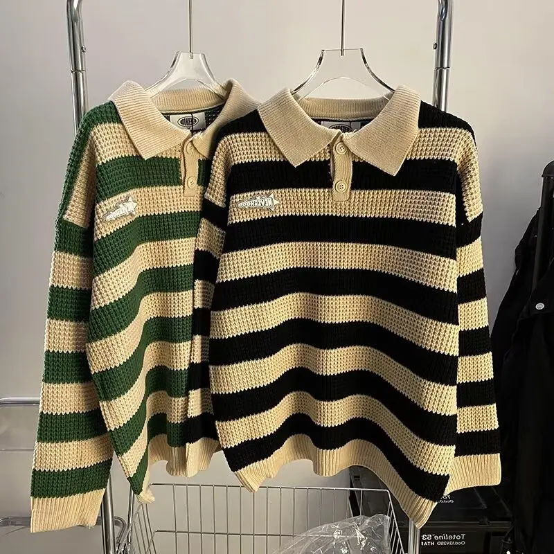 

Loose Fit Long Sve Ne Striped T-irt Hoodie Men's Knitted Outerwear Autumn Winter Large Size American Sle