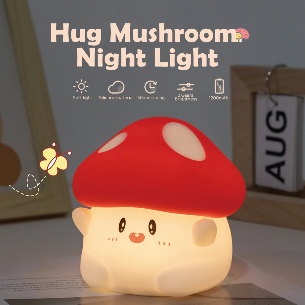 Cute Mushroom Night Light 2 Level Dimmable Red Panda Nursery Sleeping Lamp Timing Rechargeable Bedside Touch Lamp For Room Decor