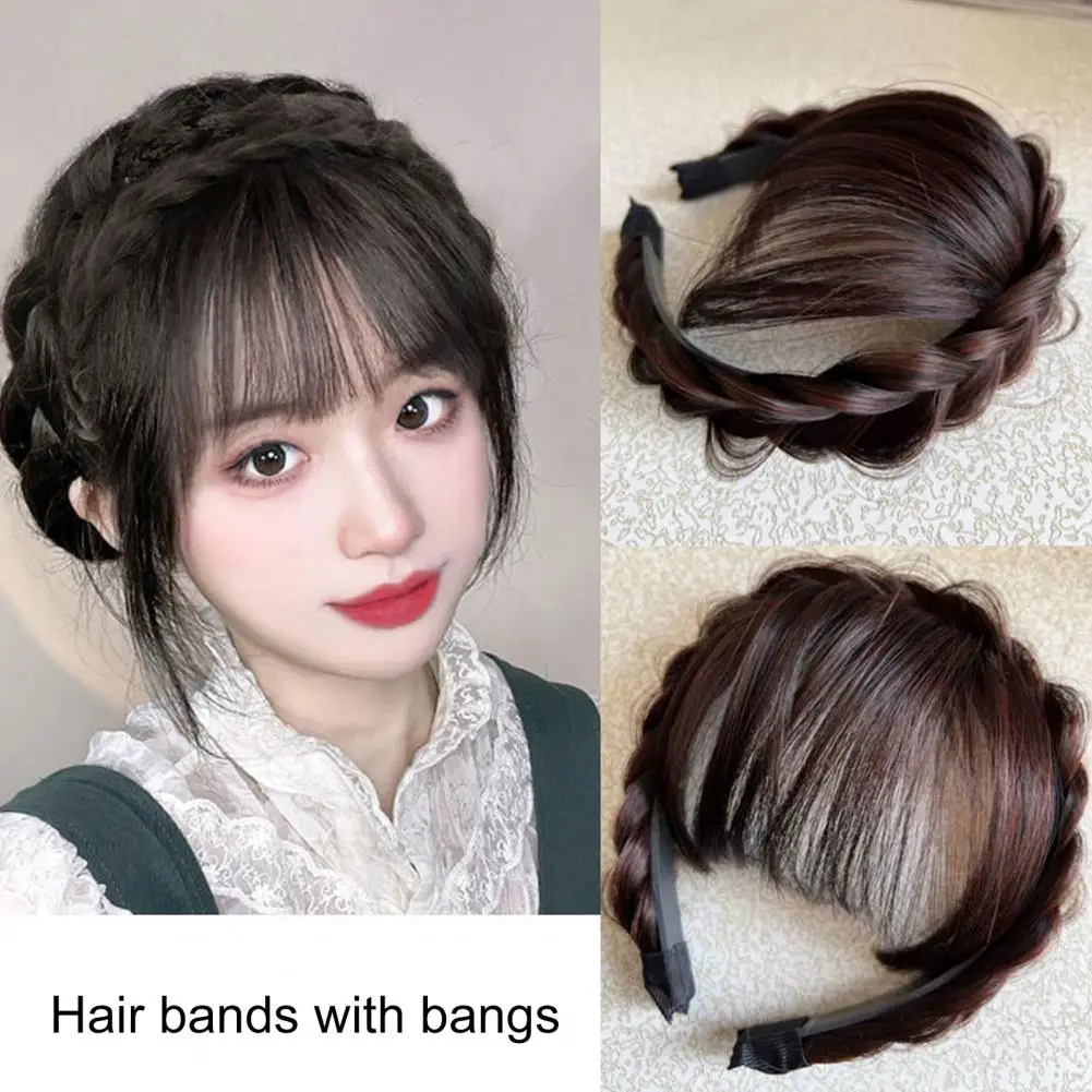 Girl Twist Headband With Bangs Fluffy Covering Hair Slits Natural Realistic Invisible Ultra Light Braided Headband Bangs Wig