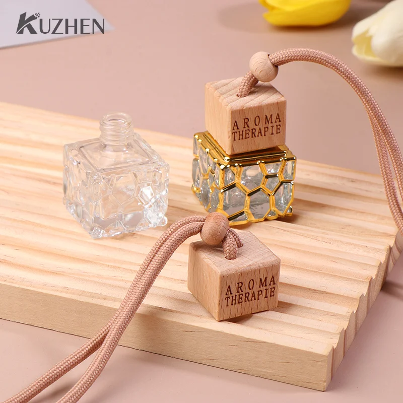 10ml Square Wooden Cap Car Perfume Bottle For Essential Oils Air Freshener Auto Ornament Car-styling Perfume Pendant