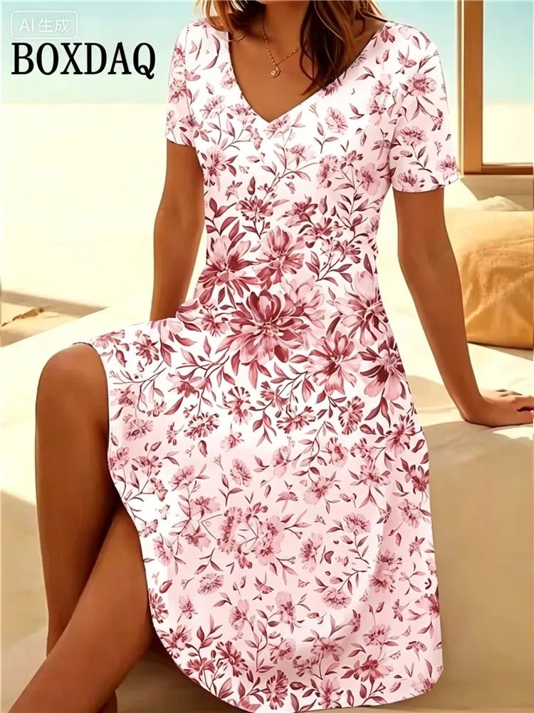 

2026 Short Sleeve Women's New Dress Summer Pullover Fashion Plus-Size Dress Casual Loose V-Neck Ladies Summer Print Party Dress