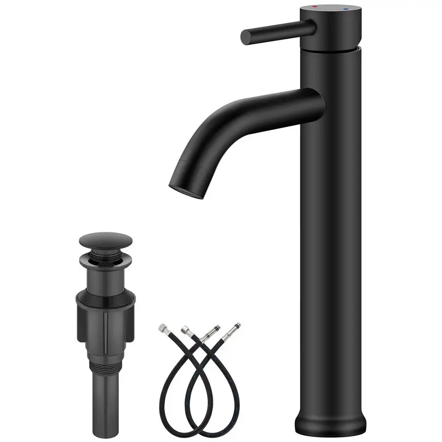 

Matte Black Vessel Sink Faucet Bathroom Faucet Tall Stainless Steel Bathroom Sink Faucet Single Handle One Hole Round Body with