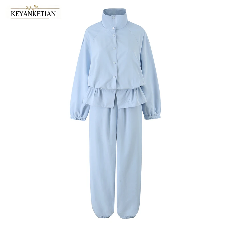 KEYANKETIAN 2026 Women 2 Piece Outfit Stand Collar Button Ruffle Hem Jacket Elastic Cuff Jogger Pants Casual Solid Tracksuit Set