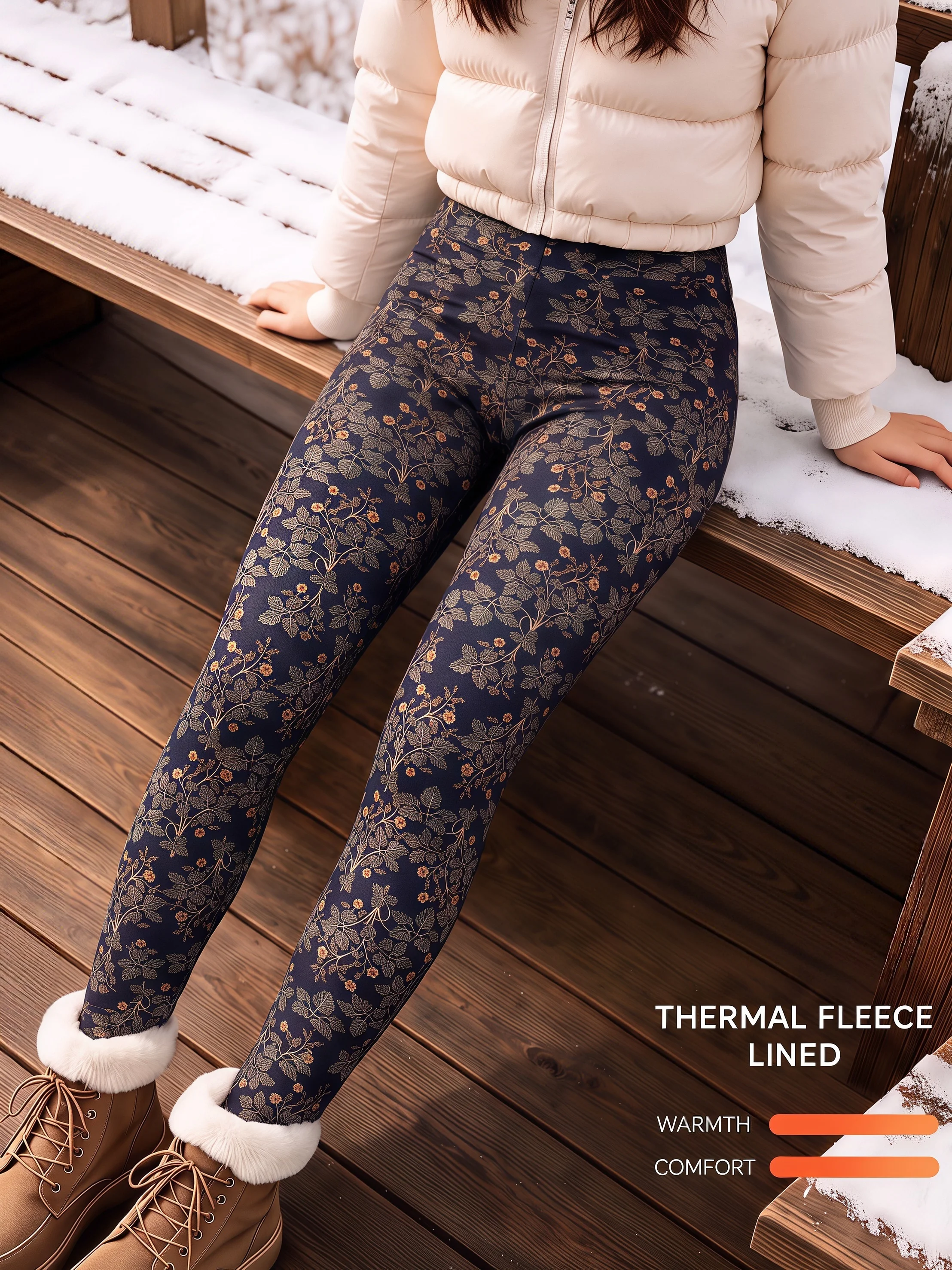 Damen-Leggings in Marineblau mit Retro-Botanischem Blumenmuster, Fleece-gefüttert, Hohe Taille, Hautfreundlich, Schlank, Warm und Eng Anliegend – Detail 5