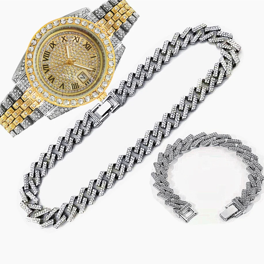 

3pcs Luxury Iced Out Watch for Men Hip Hop Miami Bling Cuban Chain 15mm Necklace Watches Men Jewelry Set Gifts Religio Masculino