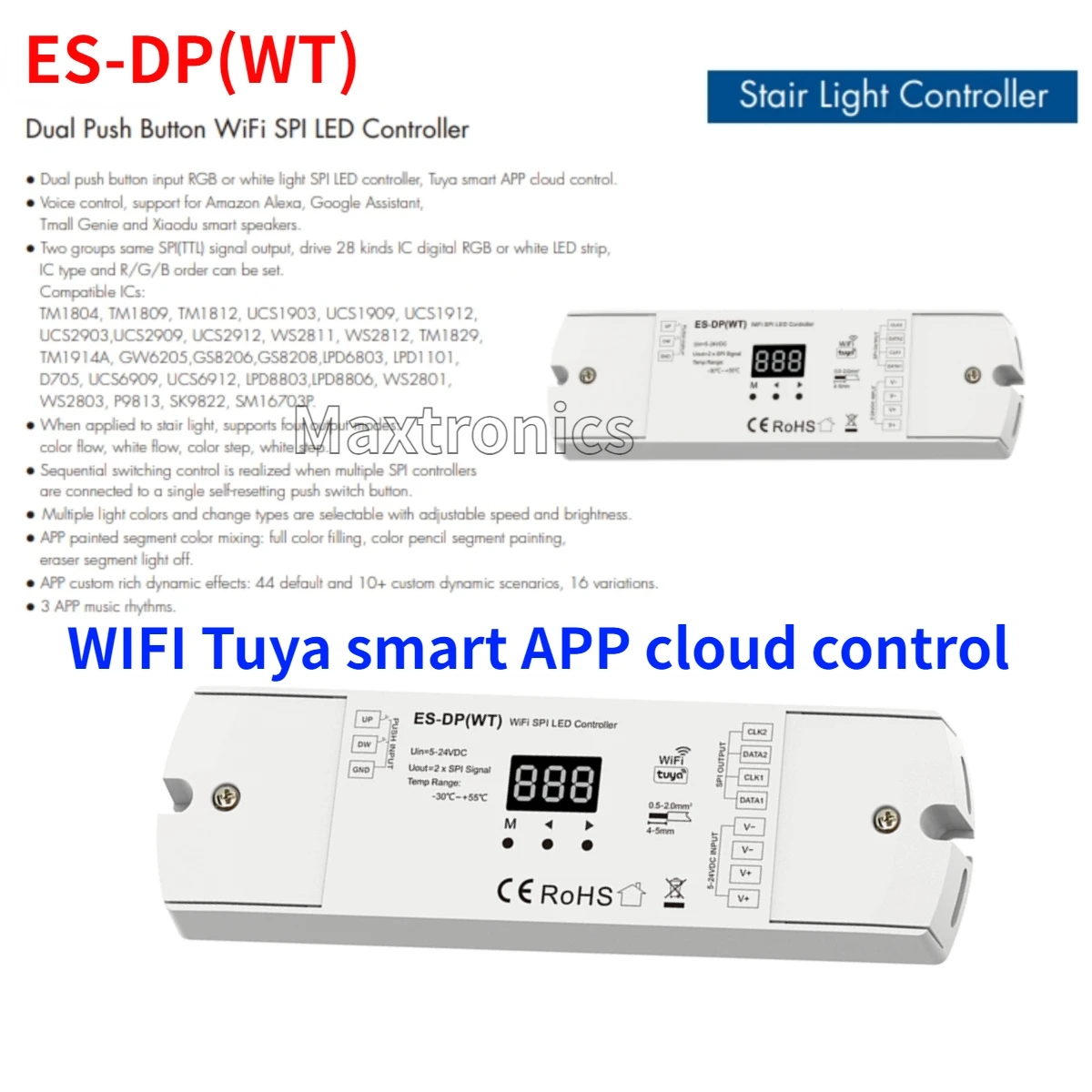 5-24VDC WiFi SPI Controller Dual Push Button Stair Light Controller Tuya APP Control for WS2812 WS2811 RGB or White Light Strip