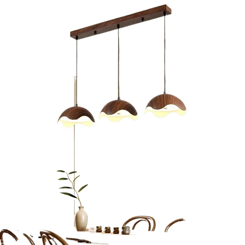 

Medieval restaurant chandelier three-head long plate retro walnut color dining table light eggshell shape
