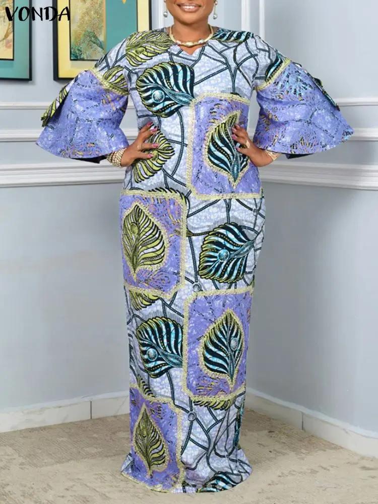 VONDA размера плюс 0XL-5XL, женское макси-халат с цветочным принтом, осеннее повседневное длинное платье с расклешенными рукавами и v-образным вырезом в стиле ретро, богемное вечерние платья