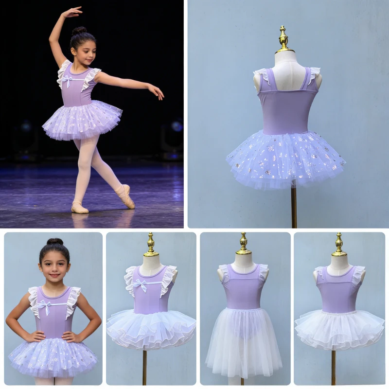 

Girls Ballet Leotard Tutu Dress Ruffle Sleeve with Tulle Skirt Soft Stretch Dance Costume for Stage Dance Leotard Set