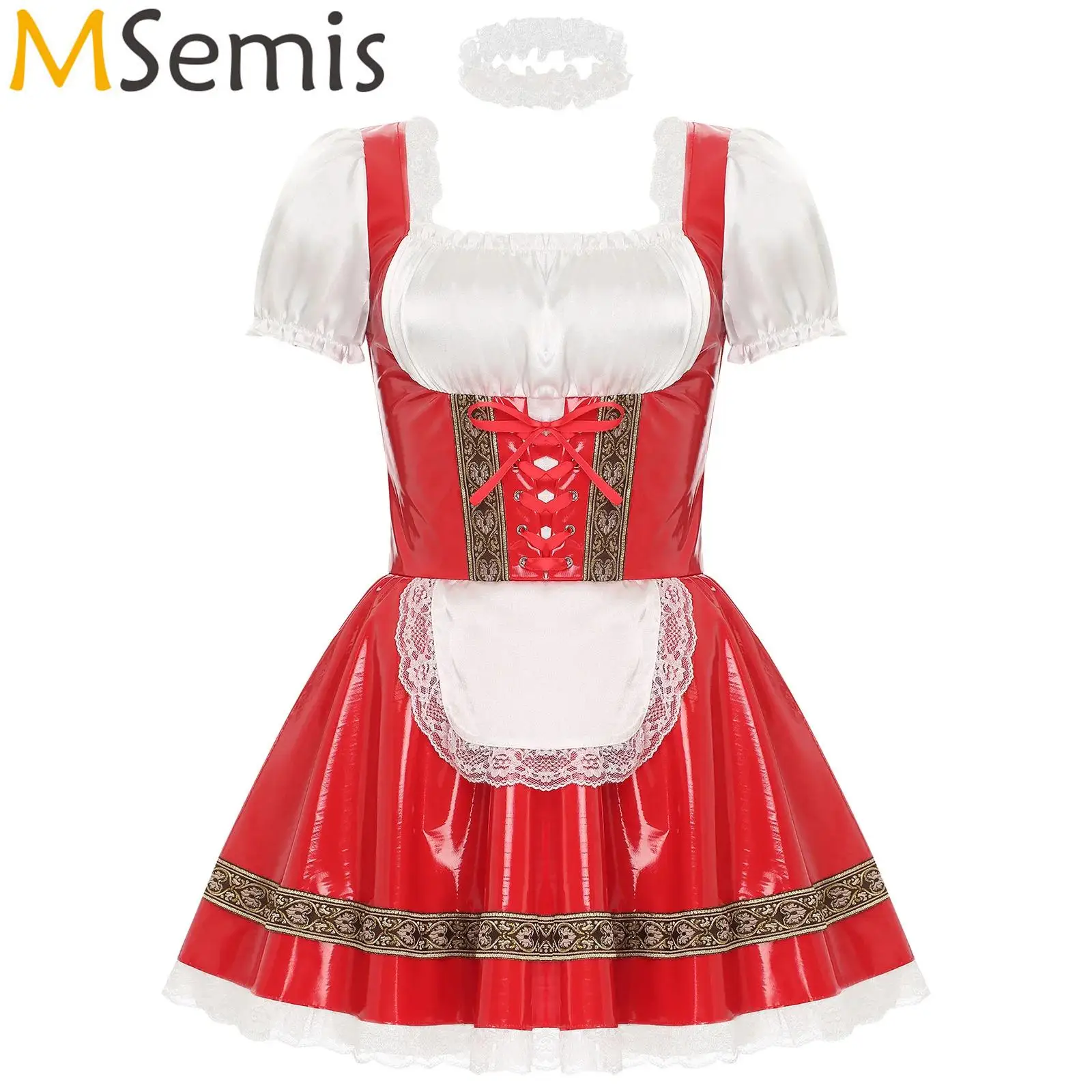 

Women Oktoberfest Costumes Traditional German Bavarian Beer Apron Maid Cosplay Outfits Glossy PU Leather Lace Trim A-Line Dress