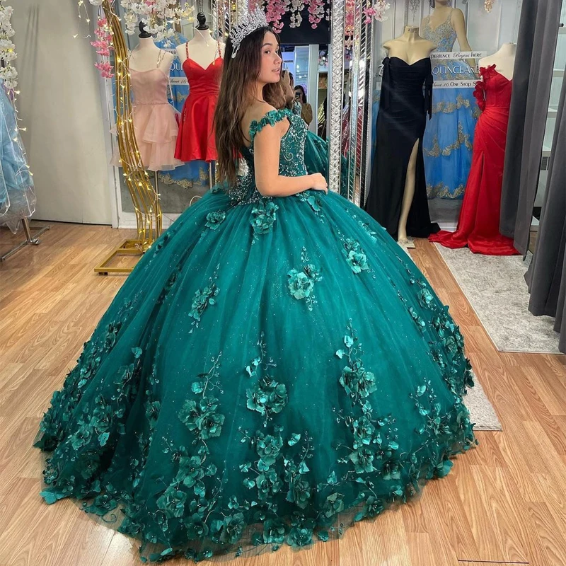 فستان Quinceanera أخضر زمردي مع قبعة ، ثوب كرة مطرز ، زهور ثلاثية الأبعاد ، أميرة مكسيكية ، فستان حلو 16 ، عيد ميلاد ، TQD007