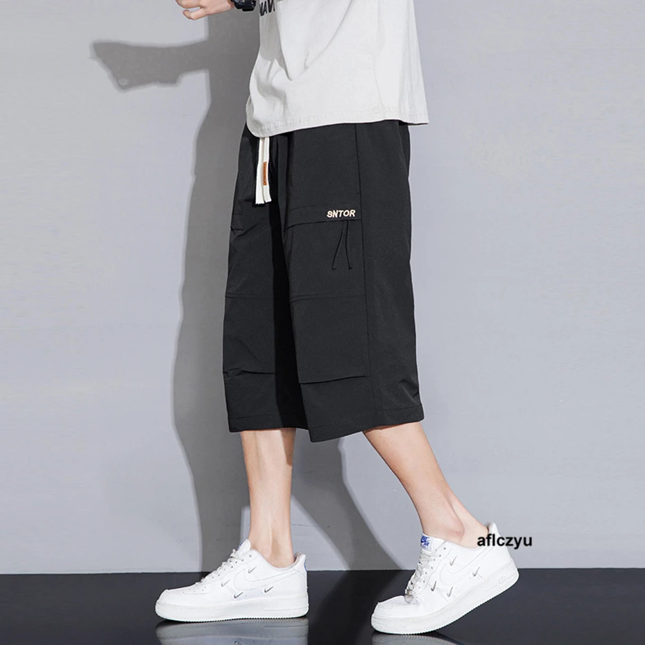 Calf-length Pants Men Solid Color Cargo Pants Fashion Casual Elastic Waist Straight Pants Male