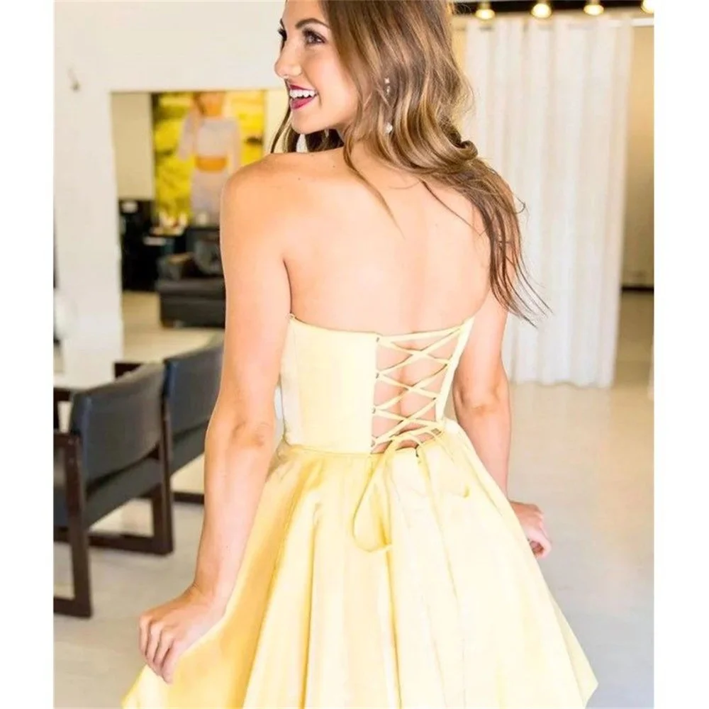 Vestido de fiesta de satén sin tirantes, minivestido corto fruncido, amarillo